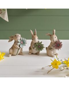 MEADOW FIELDS POLYRESIN BUNNY ORNAMENT WITH FLOWER 3 ASST