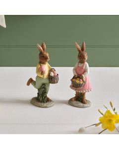 MEADOW FIELDS POLYRESIN MR AND MRS DRESSED RABBIT WITH BASKET ORNAMENT 2 ASST