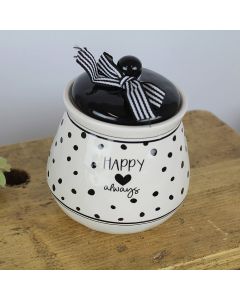 HAPPY CANISTER WHITE CERAMIC WITH BLACK SPOTS & LID+