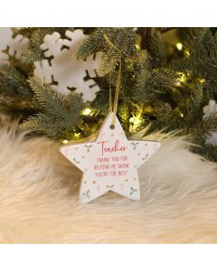 SANTA'S MAGICAL FEAST TEACHER CERAMIC STAR HANGER WITH GOLD AND RAISED 3D DETAIL