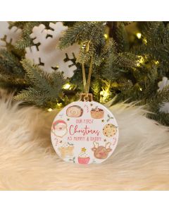 SANTA'S MAGICAL FEAST FIRST CHRISTMAS MUMMY & DADDY BAUBLE HANGER WITH GOLD AND RAISED 3D DETAIL