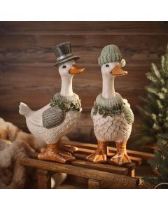 NORDIC NEST MR AND MRS WINTER DUCK RESIN ORNAMENT 2 ASST
