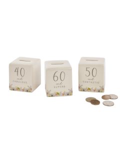 BIRTHDAY AGE MONEY BANK 3 ASSTD 40/50/60 WHITE FLORAL STONEWARE++