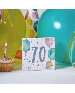70TH BIRTHDAY BLOCK WHITE CERAMIC WITH BALLOONS & CONFETTI++