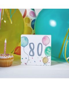 80TH BIRTHDAY BLOCK WHITE CERAMIC WITH BALLOONS & CONFETTI++