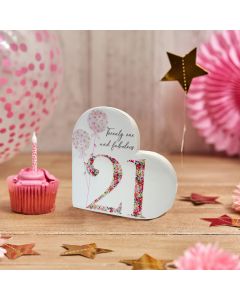 21ST BIRTHDAY HEART BLOCK WHITE FLORAL CERAMIC WITH BALLOONS++