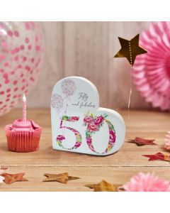 50TH BIRTHDAY HEART BLOCK WHITE FLORAL CERAMIC WITH BALLOONS++