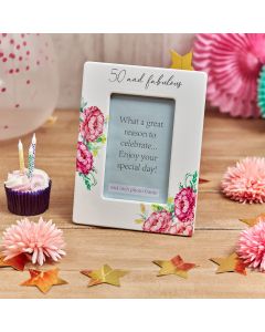 50TH BIRTHDAY PHOTO FRAME CERAMIC WITH PINK FLORAL DESIGN++