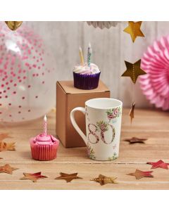 80TH BIRTHDAY MUG STONEWARE WITH PINK FLORAL DESIGN IN BOX
