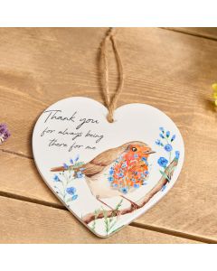 ROBIN FORGET ME NOT HEART HANGER WHITE CERAMIC THANK YOU