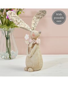 GRACE BUNNY ORNAMENT WITH ROSE COLLAR & LACE EARS TEXTURED RESIN