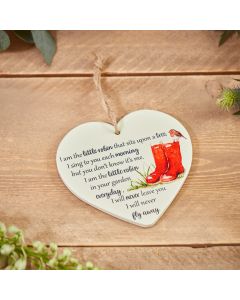 ROBIN MEMORY HEART HANGER WHITE CERAMIC WITH RED WELLIES & VERSE