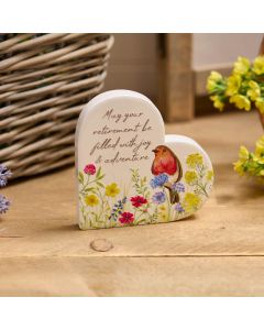 ROBIN MAY YOUR RETIREMENT BE FILLED WITH ADVENTURES RAISED PATTERN CERAMIC STANDING HEART