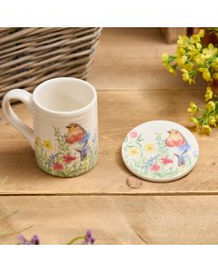 ROBIN FLORAL CERAMIC RIBBED MUG WITH COASTER GIFT BOXED