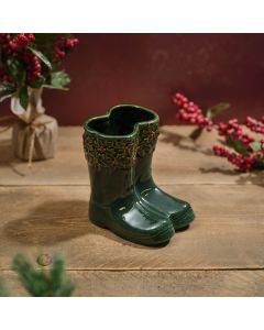ROBIN STONEWARE WELLY BOOT PLANTER WITH HOLLY BERRIES