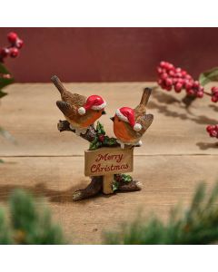 ROBIN PAIR ON TREE STUMP WITH MERRY CHRISTMAS SIGN RESIN ORNAMENT