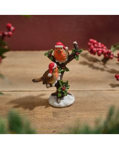 ROBIN PAIR ON HOLLY TREE RESIN ORNAMENT