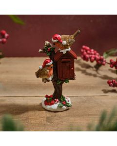 ROBIN PAIR ON HOLLY TREE WITH POSTBOX RESIN ORNAMENT