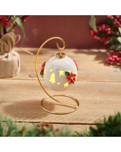 HANGING CERAMIC BALL WITH 3D POINSETTIA LED ON GOLD METAL FRAME