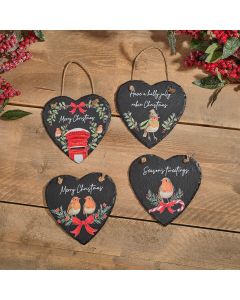 ROBIN CHRISTMAS FOLIAGE, POSTBOX AND BOW HEART SLATE HANGER 4 ASST
