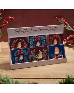 ROBIN WITH FOLIAGE AND BOWS CERAMIC COASTER 6 ASST STAND 36