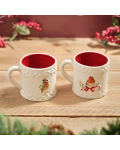 ROBIN EMBOSSED STONEWARE MUG WITH RED INNER 2 ASSTD WITH GIFT BOX **