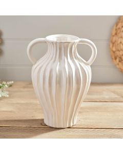 STONEWARE TALL CREAM RUFFLED VASE WITH HANDLES