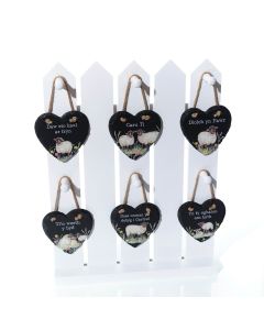 WELSH SHEEP 6 ASSTD SLATE HEART HANGERS WITH STAND 48