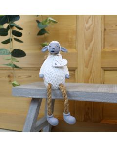 SHEEP SHELF SITTER WHITE CARVED RESIN WITH TAG & GREY FACE **+