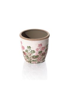 STONEWARE PINK AND GREEN FLORAL LARGE ROUND PLANT POT