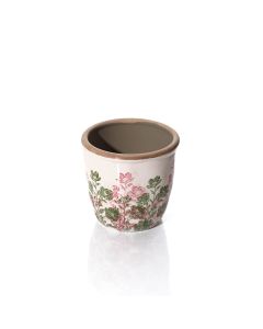 STONEWARE PINK AND GREEN FLORAL SMALL ROUND PLANT POT