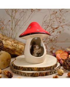 MUSHROOM RED TOP CERAMIC ORNAMENT WITH SQUIRREL INSIDE