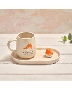 TINY WORLD BOXED ROBINS APPEAR ROBIN EMBOSSED CERAMIC MUG AND 3D SAUCER SET