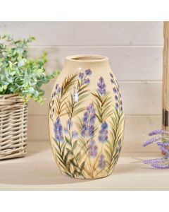CERAMIC HAND PAINTED VASE WITH PURPLE FLOWERS AND FOLIAGE