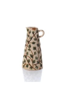 COTTAGE GARDEN SMALL HANDPAINTED GLAZED STONEWARE LEAF VINE ALLOVER PATTERN CONICAL VASE WITH HANDLE