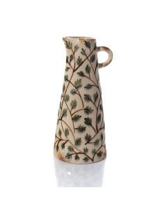 COTTAGE GARDEN LARGE HANDPAINTED GLAZED STONEWARE LEAF VINE ALLOVER PATTERN CONICAL VASE WITH HANDLE