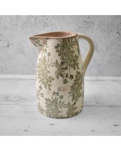 STONEWARE GREEN VINTAGE FLORAL AND LEAF LARGE DECORATIVE JUG