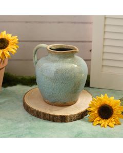 ANTIQUED LIGHT BLUE REACTIVE GLAZE STONEWARE VASE WITH HANDLE