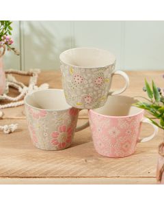 PASTEL DITSY FLORAL MUG 3 ASSTD DEBOSSED STONEWARE