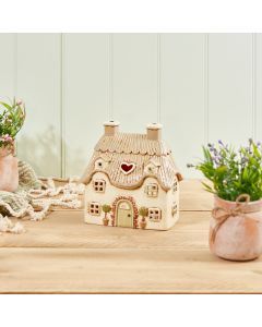 COTTAGE TEALIGHT HOLDER CREAM EMBOSSED STONEWARE WITH TREES