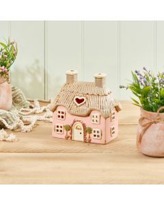COTTAGE TEALIGHT HOLDER PINK EMBOSSED STONEWARE WITH TREES