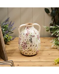 DISTRESSED DECORATIVE CERAMIC FLORAL URN WITH HANDLES LARGE