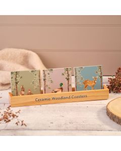 WOODLAND MIXED ANIMAL CERAMIC COASTER 3 ASST WITH TRAY OF 18