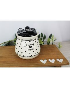 WELSH CARTREF CANISTER BLACK & WHITE POLKA CERAMIC WITH RIBBON+++
