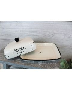 WELSH MENYN BUTTER DISH BLACK & WHITE POLKA CERAMIC