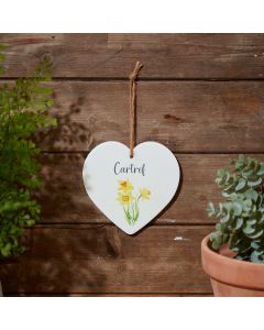 WELSH CARTREF HEART HANGER WHITE CERAMIC WITH DAFFODILS