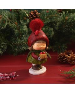 WOODLAND NOEL STANDING RESIN GIRL HOLDING GIFT WITH SCARF AND POM POM ORNAMENT