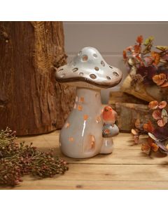 WOODLAND RUSTIC CERAMIC MUSHROOM WITH ROBIN TEA LIGHT HOLDER