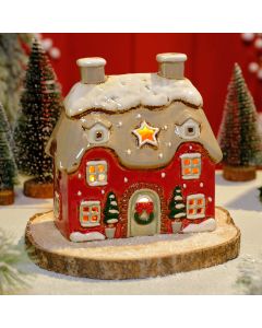 XMAS COTTAGE TEALIGHT HOLDER RED EMBOSSED STONEWARE