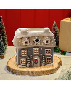 XMAS COTTAGE WAX MELT BURNER GREY EMBOSSED STONEWARE